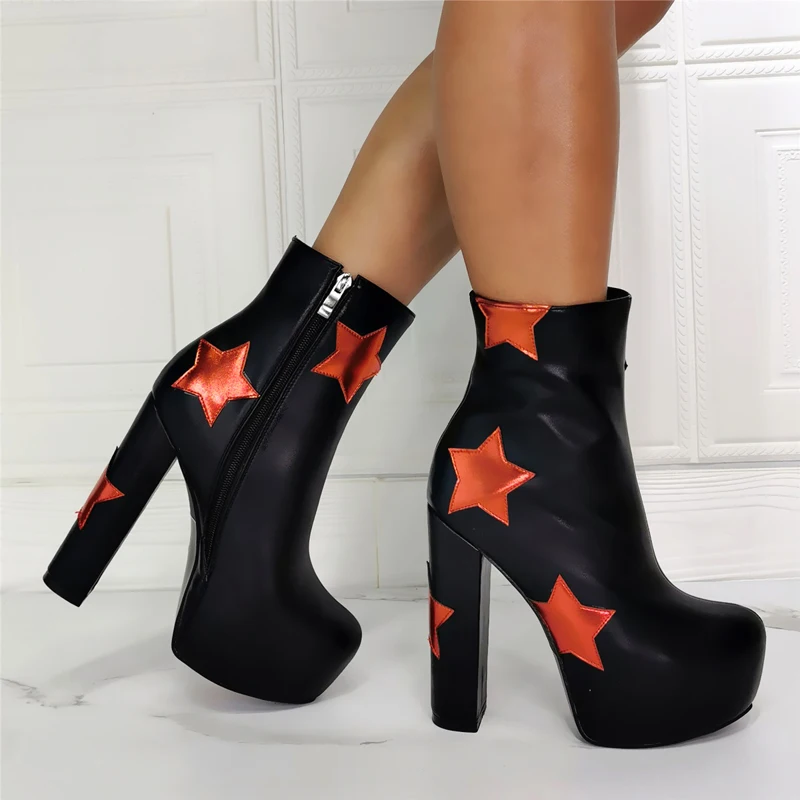 Chic Platform Shiny Red Pentacle Star Rough Heel Patchwork Ankle Boots Round Toe Black Leather High Heels Short Boots