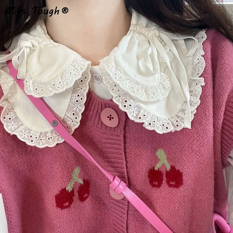 Autumn Pink Knitted Sweater Cardigan Women Print Cherry Kawaii Sweater Coat Korean Fashion Sleeveles Cute Knitwear Sweater 2022