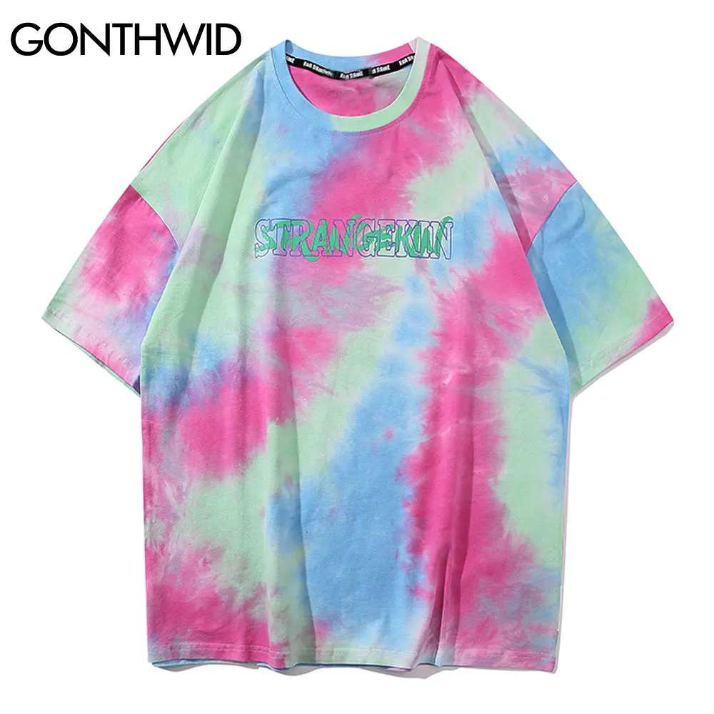 GONTHWID Tie Dye Tees Shirts Streetwear Hip Hop Graffiti Print Short Sleeve Tshirts Mens Harajuku Hipster Casual Tops Fashion