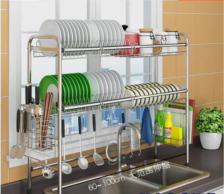 Adjustable length: 60-100cm 304 Stainless Steel Kitchen Shelf Drainage Rack Sink Rack Bowl Dishes Chopsticks Supplies Hot Sales