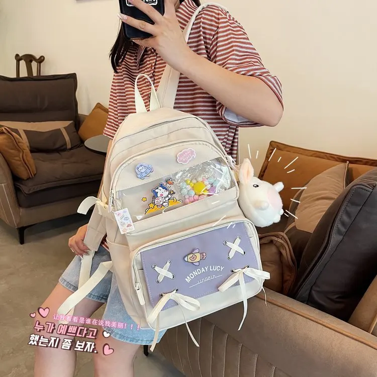 

Japanese Campus College Style Backpack Female Small Fresh and Creative Cute Bow Drawstring Transparent Student School Bag