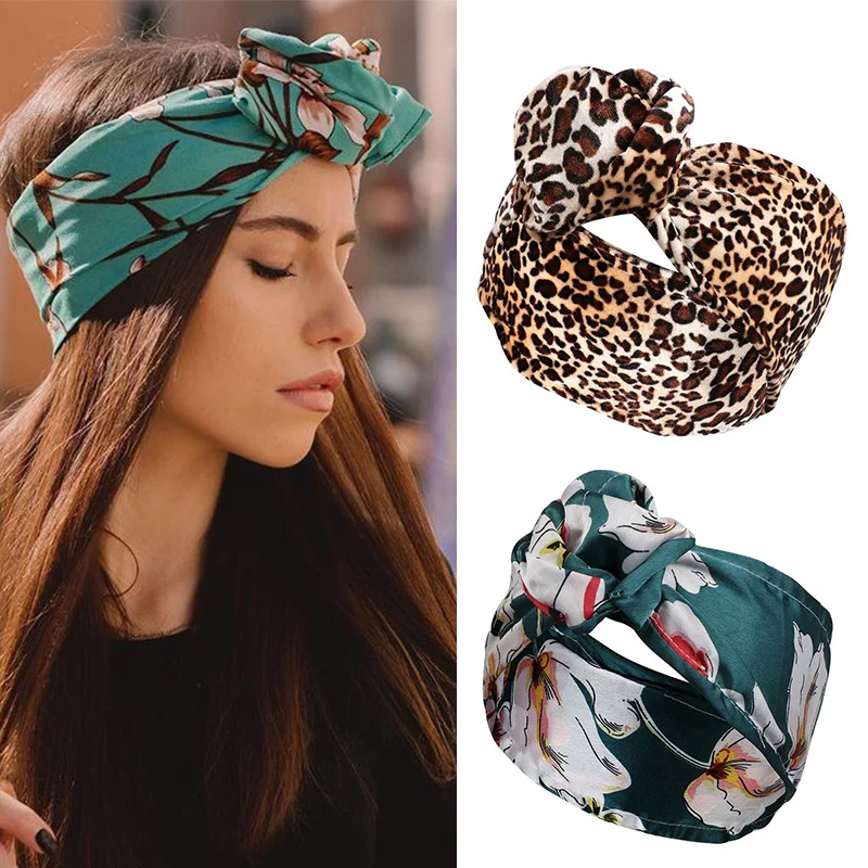 Lystrfac Fashion Print Adjustable Knot Headband for Women Girls Wide Turban Hairband Female Headwrap Hair Accessories