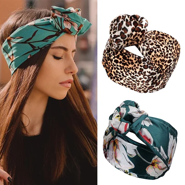 Lystrfac Fashion Print Regulowana opaska na głowę z węzłem dla kobiet dziewczynki Szeroki turban Opaska do włosów Kobiece akcesoria do włosów