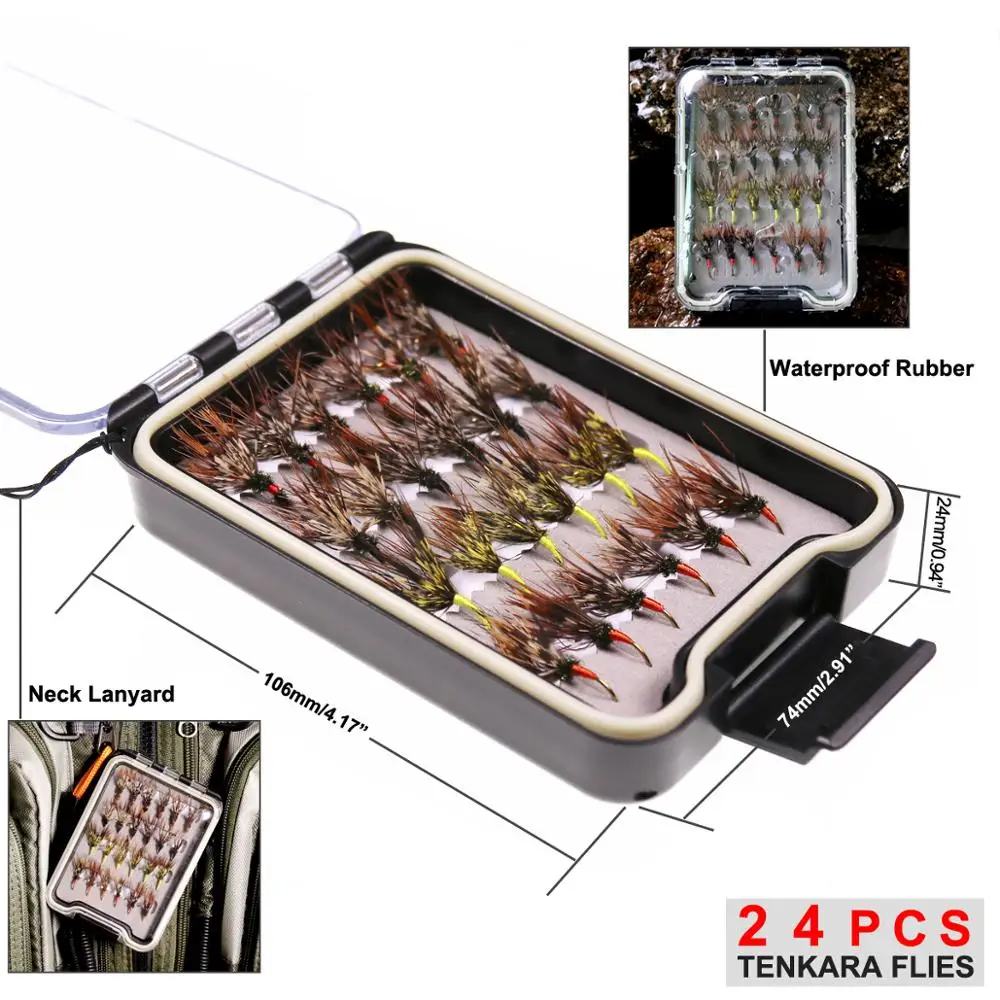 Bimoo 24PCS/Box Tenkara Flies in Waterproof Fly Box Size 12 Barbed Hook Tenkara Fishing Fly Bait Lure