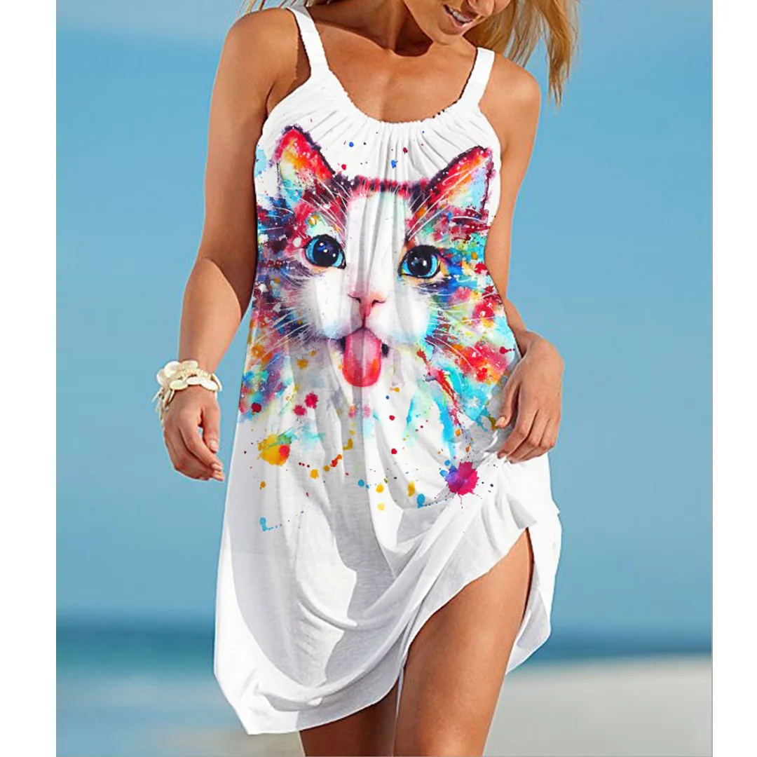 Kawaii Cat Dog Print Women Dress Vintage Woman Beach Dress Sling Midi Sleeveless Dresses Boho Soft Streetwear Girls Night Dress