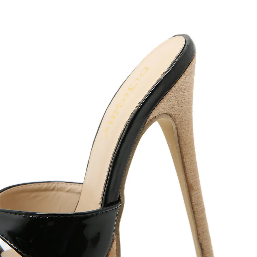 Scarpe da infilare con plateau in legno retrò per pantofole da donna Peep Toe tacchi alti scarpe da 16cm scarpe da donna in vernice nera