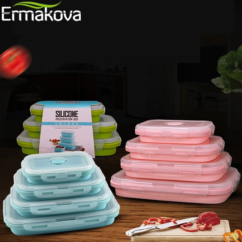 ERMAKOVA Silicone Heat-Resistant Folding Food Storage Container Box Collapsible Lunch Box Bento Box with Airtight Plastic Lid