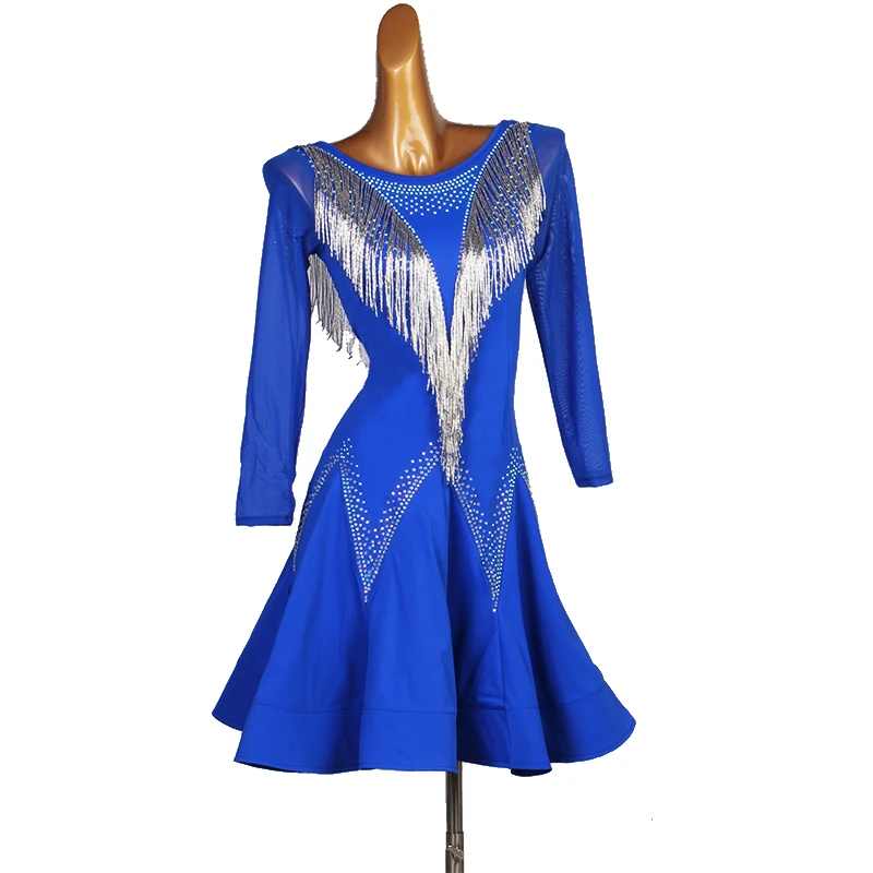 

Custom New Royal Blue Adult Women Latin Dance Tassel Competition Dress Sexy Ballroom Show Clothes Costume Ladies Evening Wear