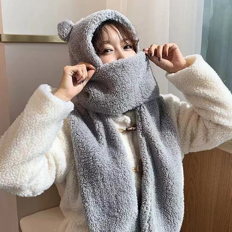 

Winter Women Novelty Caps Warm Cute Bear Ear Hat Casual 3-in-1 Plush Hat Scarf Gloves Casual Solid Fleece Women Caps