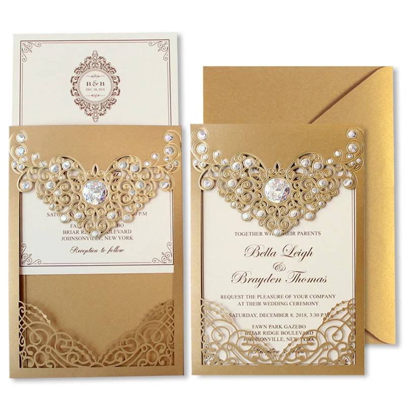 Golden Laser Cut Wedding Invitations Lace gold Wedding Invites Luxury Metallic Sparkly Wedding Cards - 50 PCS