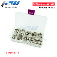 100 Pcs/Set 5x20mm Quick Blow Glass Tube Fuse Assorted Kits, Fast-blow Glass Fuses  5x20mm Glass Fuses , 0.2A~20A Fuse Mixed Box