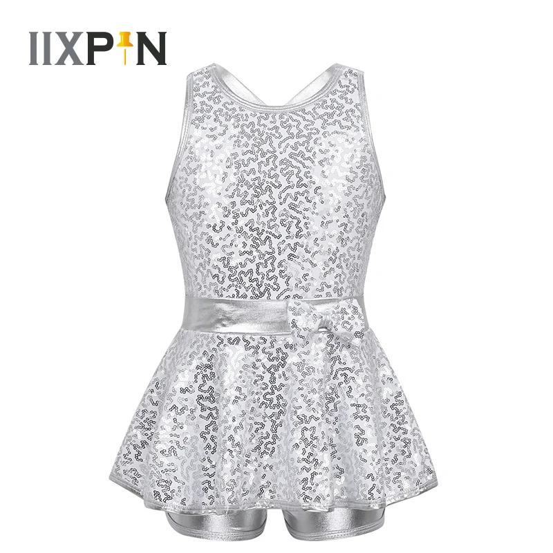 Girls Jazz dance dress Ballet Dance Leotard Dress Modern Tap Dance Sleeveless Sequined Criss Cross Back Waist Bowknot dress kids