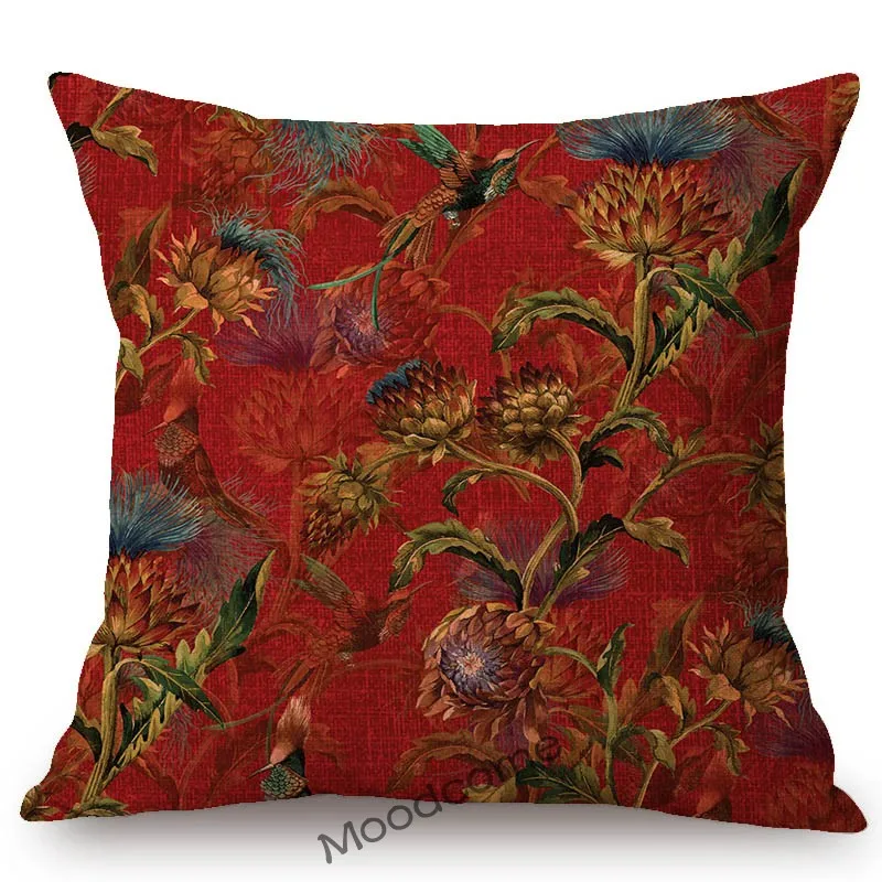 Tropical Floral Bird Art Palm Leaves Pineapple Cotton Linen Red Blue Green Sofa Pillow Case Rainforest Decorative Cushion Cover