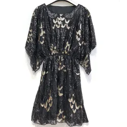 Vintage Floral Dress Women Elegant Mesh Sequin Korean Party Dress Batwing Sleeve O-Neck Midi Dress Fall Dresses For Women 2021