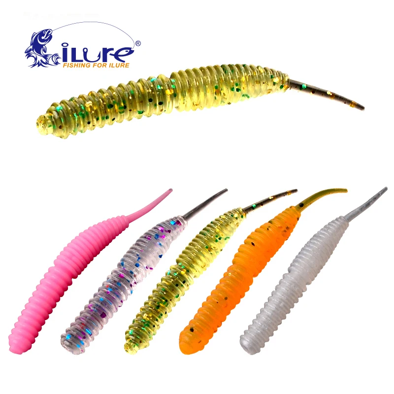 ILure 60 Pcs/Lot 60mm 1.2g Smell Soft Lure Seabass Artificial Bait Silicone Worm Fishing Bait Filling Straight Tail with Jar