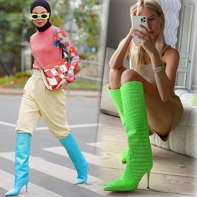 Sexy Solid Knee-High Boots Women Pointed Toe Slip-On Winter Boots  Women Botines Mujer High Heels Shoes Women Zapatos De Mujer
