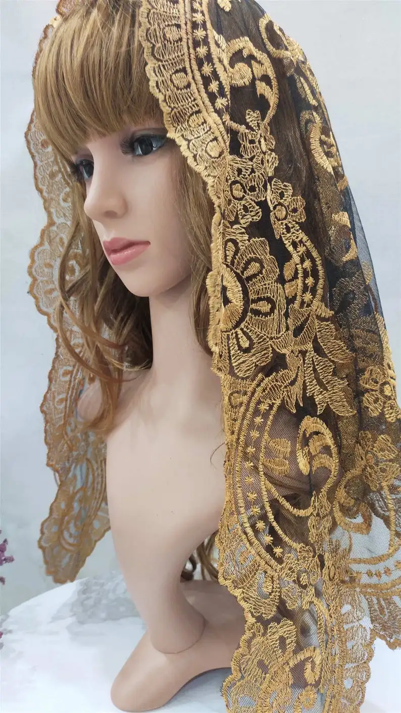 New Design Gold Embroidery Triangular Lace Veil Mantilla