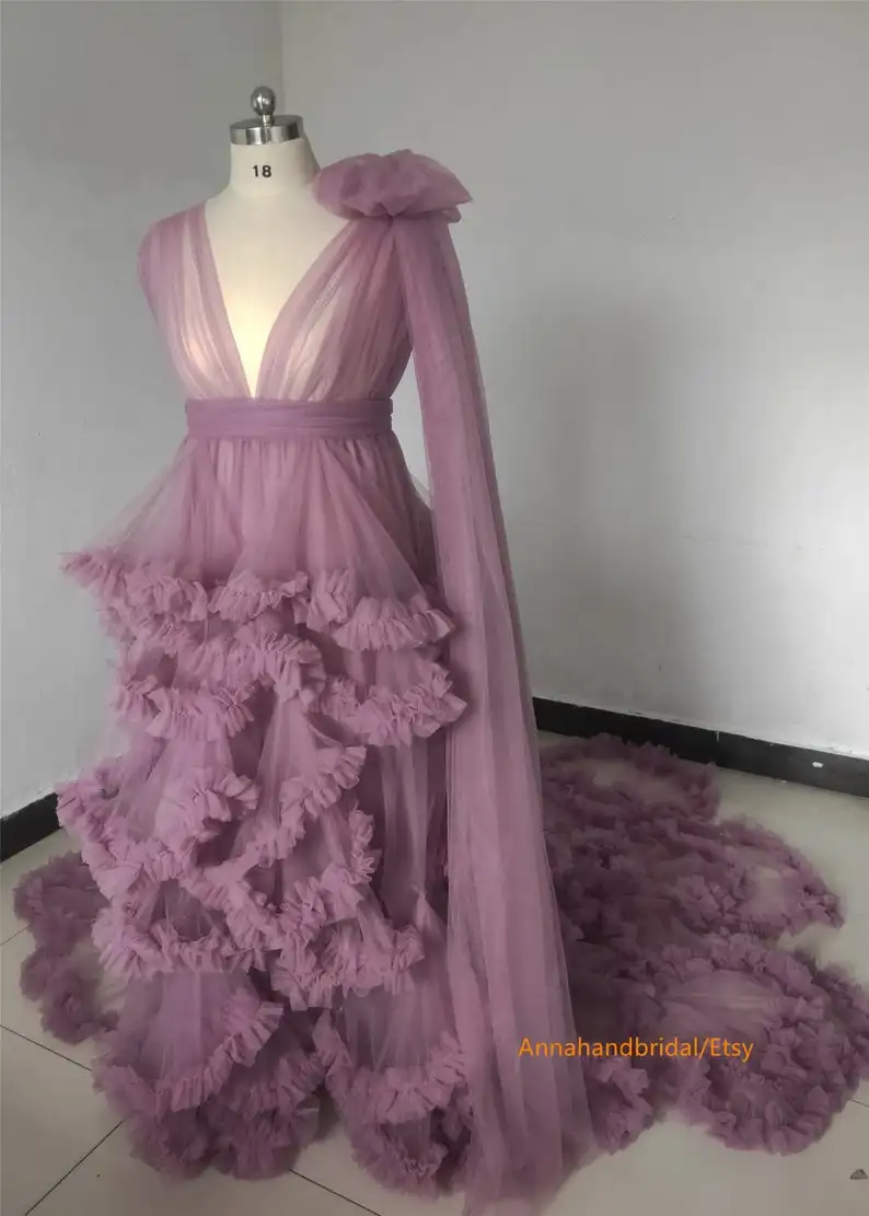 Purple Photography Dress See Thru Prom Dresses Sexy Puff Full Sleeves Party Gowns Ruffles Tiered Pregnant Woman Photo Robe 2022