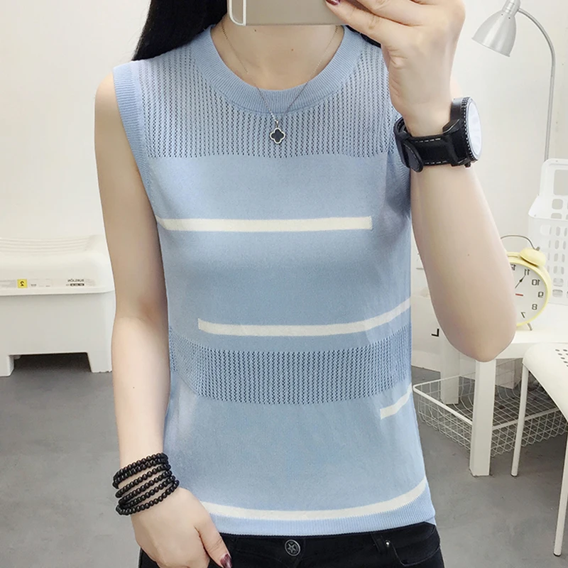 shintimes Hollow Out Womens Tank Tops Summer Loose Thin Knitted Vest Sexy Top Sleeveless Patchwork Casual Pullover Woman Clothes