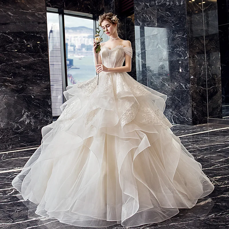 Noble Luxury Elegant Ball Gown Appliques Sexy Slash Neck Wedding Dress Bridesmaid Princess Dream Romantic Vintage Bridal Gowns