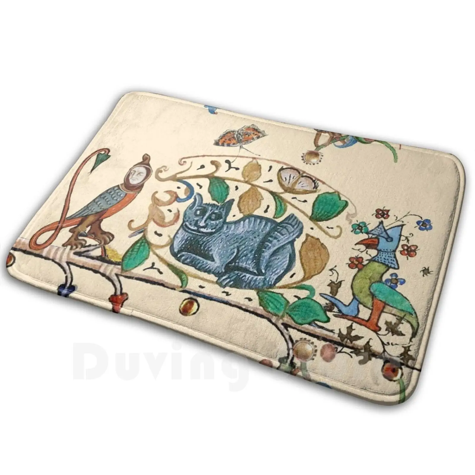 

Weird Medieval Bestiary Hunter Cat , Knight Bird And Falcon Monk Carpet Mat Rug Cushion Soft Non-Slip Falcon Hawk Monk