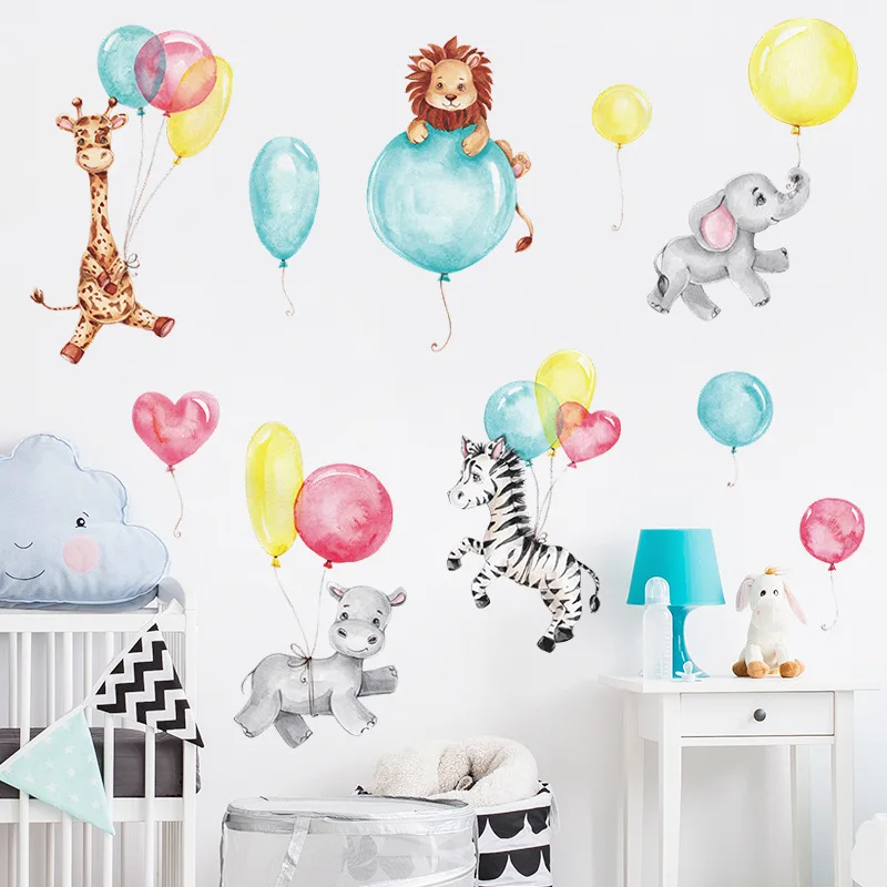Cartoon Animals Balloon Wall Sticker Kids Room Background Decoration Removable Mural Baby Bedroom Home Decor Nursery Cute Paster