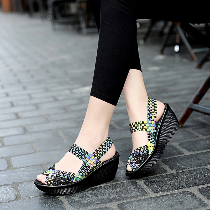 Summer Sandals Women Woven Shoes Breathable Flat Platform Shoes Woman Sneakers 5CM Heel Casual Sandals Handmade Zapatos Mujer