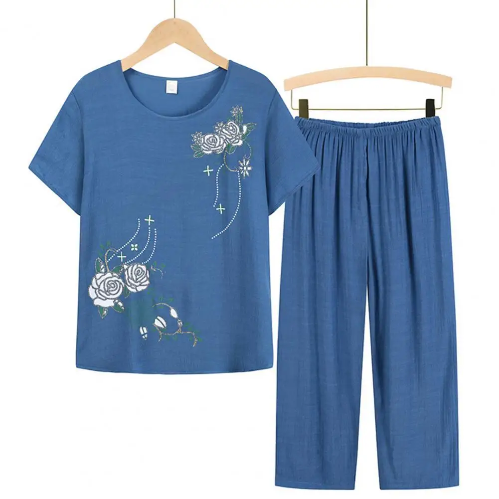 

Middle-aged and Elderly Womens Summer Suits Short Sleeve Cotton linen T-shirt Top & Wide-leg Pants Two Piece Set Women Homewear