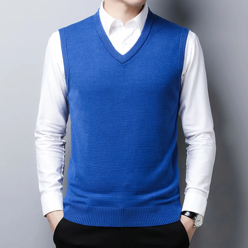 

New Male Thick Sweater Vest Autumn Office Man Solid Knit Wool Sweater V-Neck Casual Sleeveless Sweater Pullovers