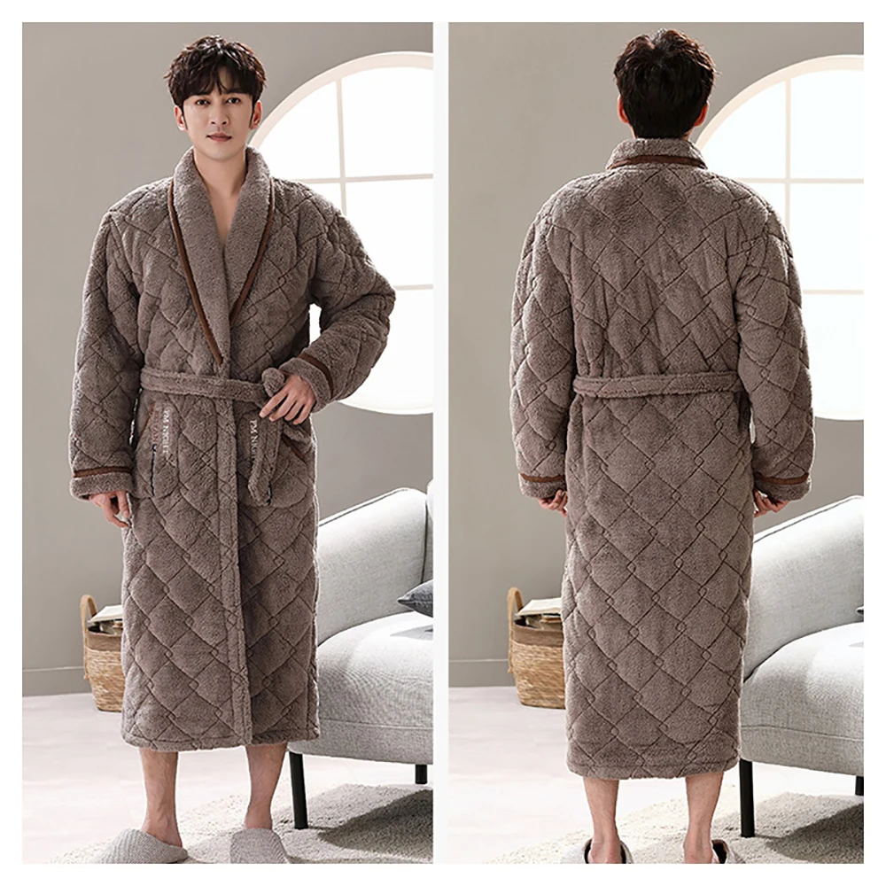 Winter Men\'s Bathrobe Terry Robe 3-layer Flannel Super Thick Warm Dressing Gown Luxury Solid Plaid Long Robe For Man Towel Towel