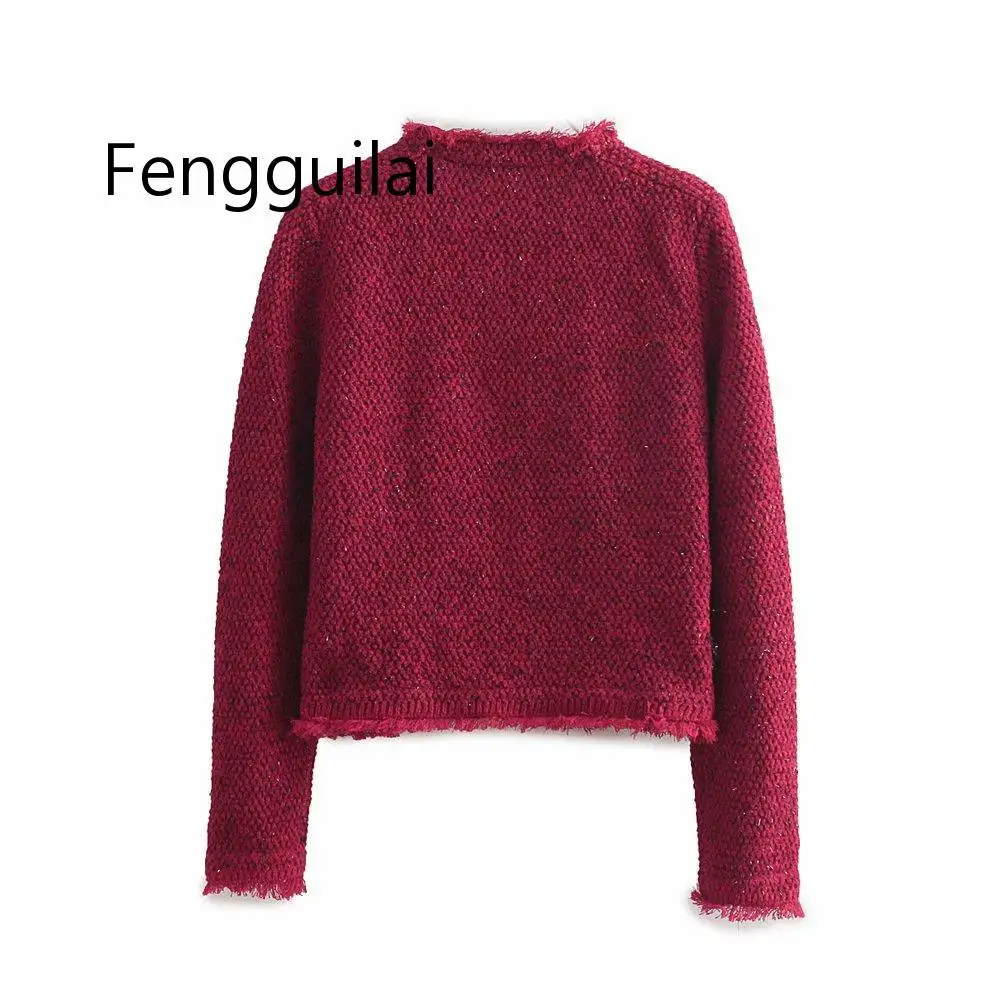 Elegante giacca morbida in Tweed nappa maniche lunghe O collo donna ufficio signora Tweed cappotto vino rosso donna giacca corta Cardigan nuovo