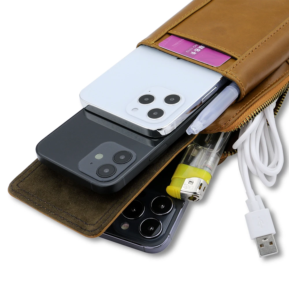 VIETAO-Outdoor Large Capacity Mobile Phone Wallet, Pockets with Hooks and Belts, Vertical PU Leather Bag