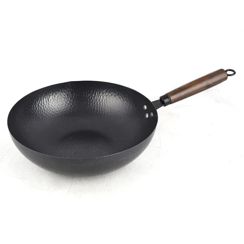 Free Shipping Wok Pan Induction 32cm No Chemical Carbon Steel Stir Fry Pan with Detachable Wood Handle