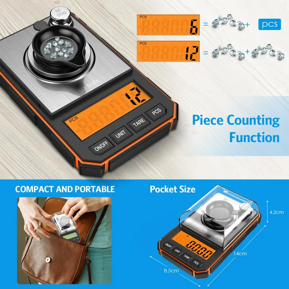 Brifit Elektronische Digitalwaage 0,001 g/50 g Miniwaage Präzisions-Profi-Taschenwaage Milligramm mit 50 g Kalibriergewichten