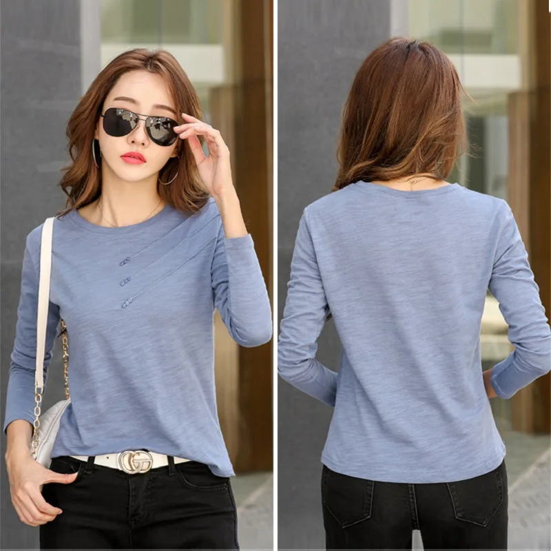 2023 Spring Summer Long Sleeve Women Bamboo Cotton Casual Solid T-Shirt Female Loose Fashion Button T Shirts O-Neck Purple Tops