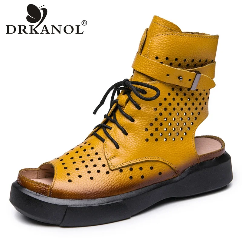 DRKANOL 2024 Fashion Ladies Sandals Openwork Gladiator Sandals Women Flat Sandals Open Toe Genuine Leather Summer Cool Boots