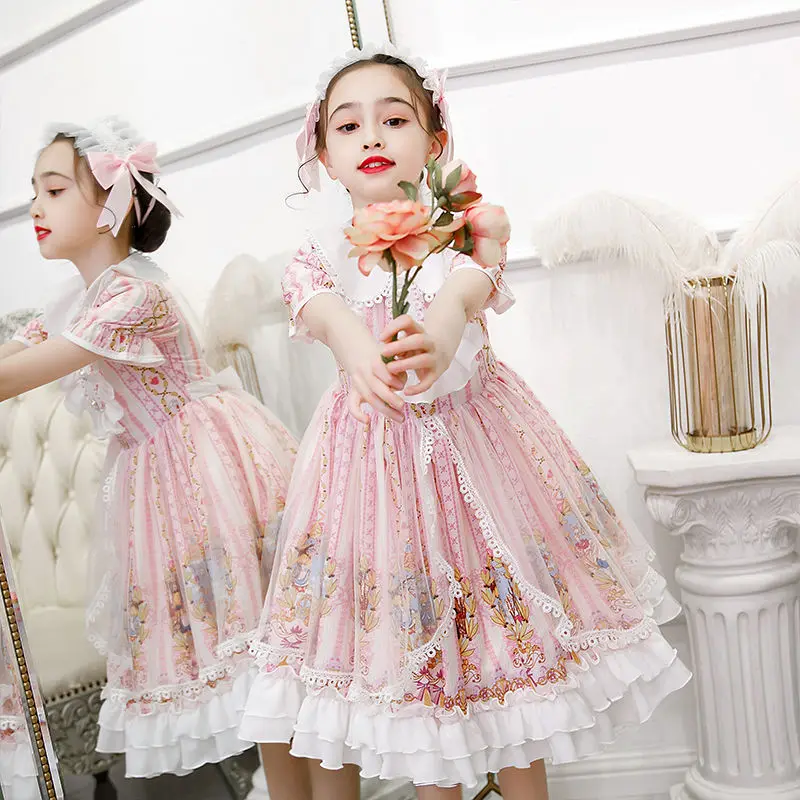 Japanese Sweet Kawaii Lolita Dress Girls Vintage Victorian Gothic Animal Short Sleeve Bow Lace Princess Tea Party Dress Big Size