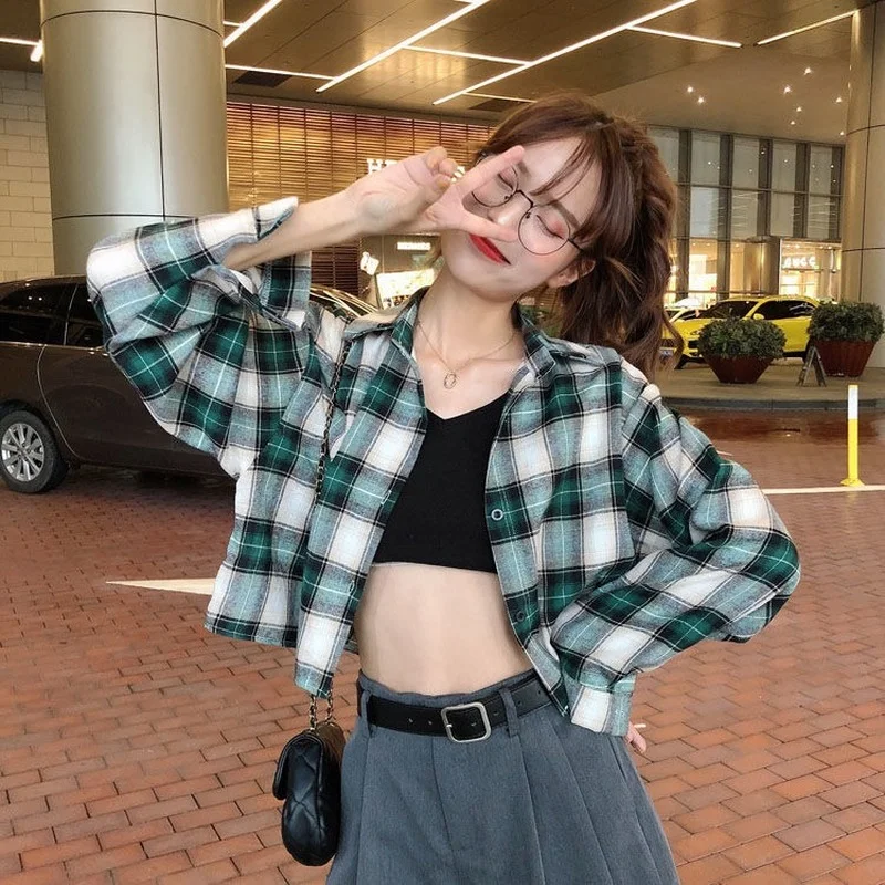 Plaid Shirts Women Design Panelled Single Breasted Outwear Korean Fashion New Arrival Straight Long Sleeve Cropped Blouses Mujer