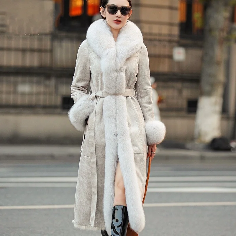 สุภาพสตรีหรูหรากระต่ายจริงขนเสื้อผู้หญิง Shearling เสื้อกันหนาว Sashes Fox Fur Collar ของแท้หนังเสื้อแจ็คเก็ตยาว