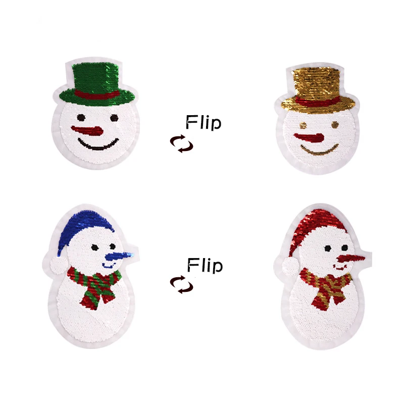 Flip Snowman Color Changing Bead Embroidered Cloth Sticker Reversible Sequin Embroidery Badge Creative Clothing Patch Sticker