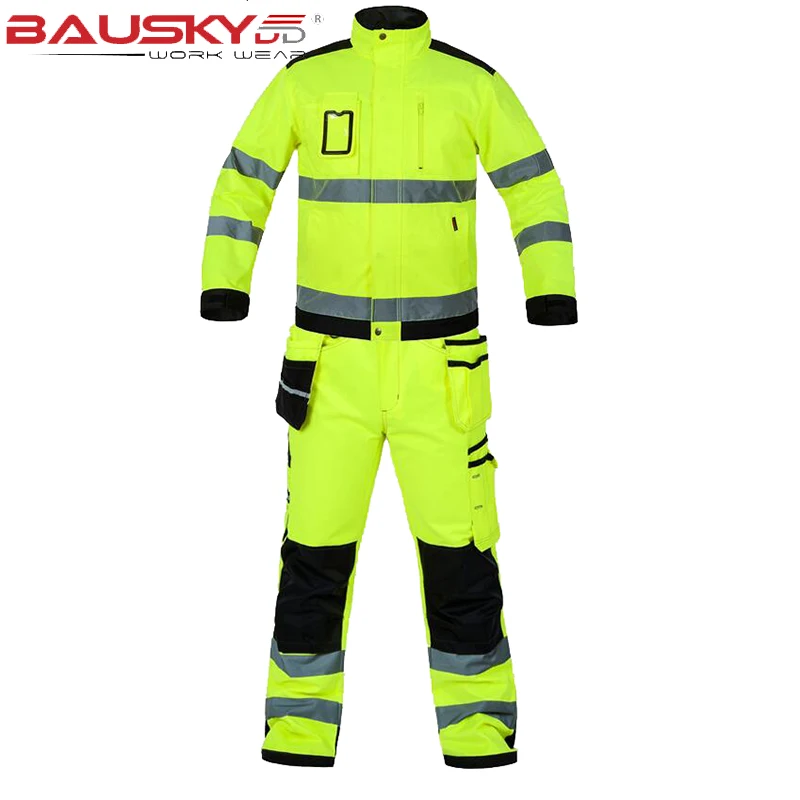 

Men's Wear Clothes Men Reflective Hi Vis Workwear Set Coat Pants Yellow Outdoor Warning Work Clothes Reflective Jacket Pants