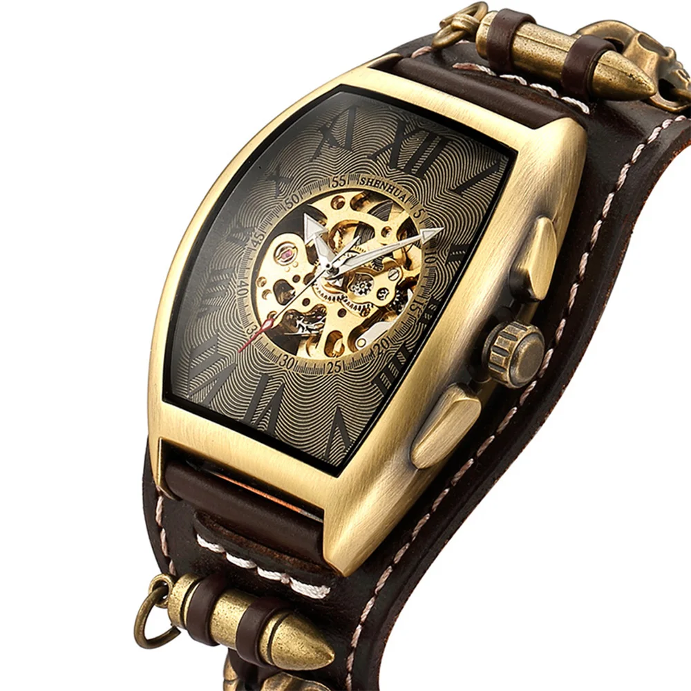 Skeleton Automatic Mechanical Watch for Men Retro Vintage Gothic Clock Steampunk Self Winding Watches Brown Bronze Reloj Hombre