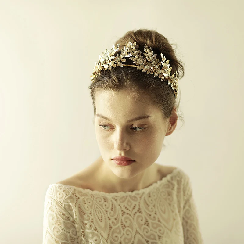 O870 Klassische legierung überzogene hochzeit tiara hochzeit haar zubehör kopfschmuck brautkrone mit blätter für braut