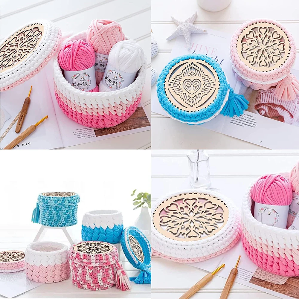 2Pcs 20cm Natural Wooden Basket Bottom Heart Circle Blank Hollow Crochet Basket Wood Base for DIY Knitting Bag Making Weaving