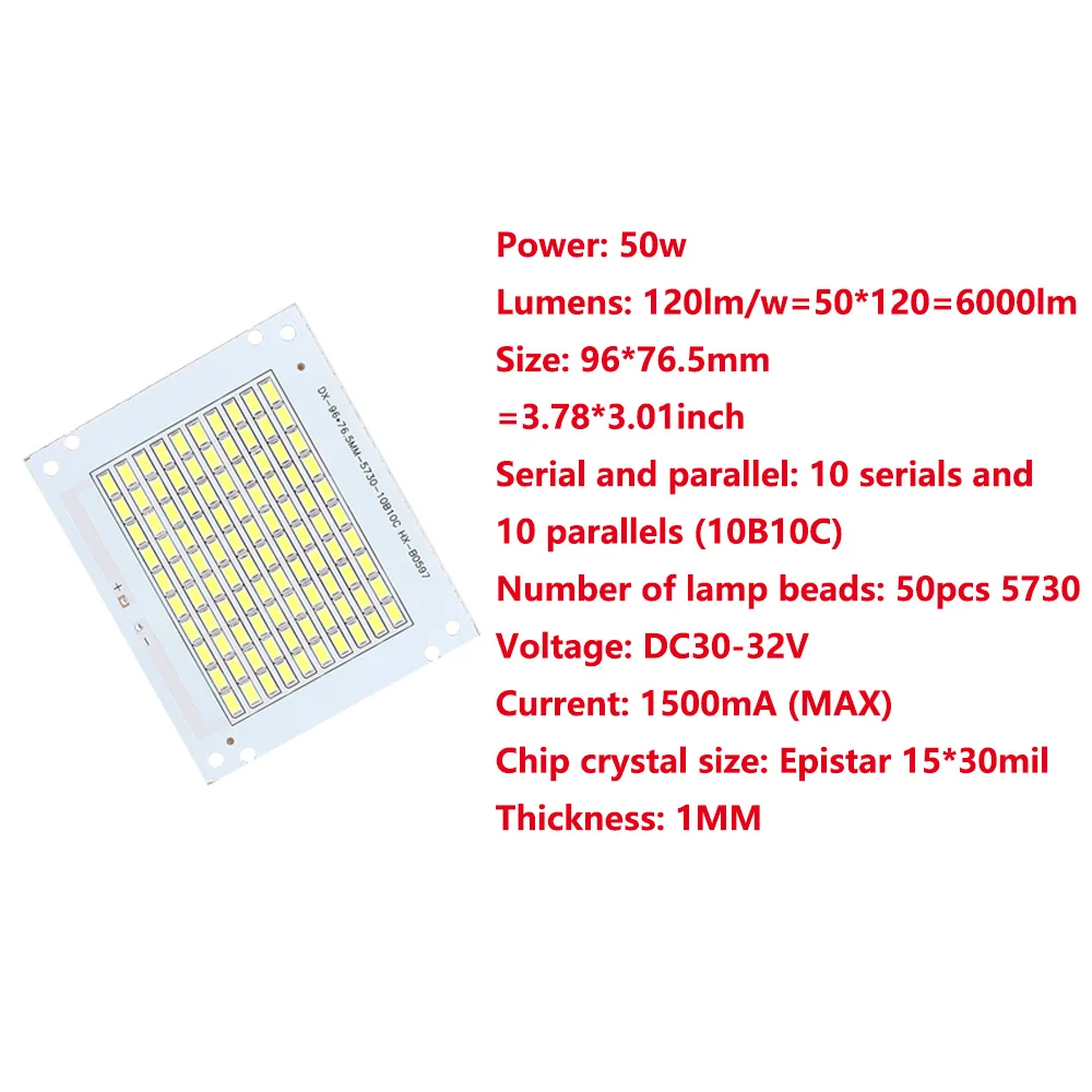 Imagem -04 - Lumens Led Luz de Inundação Dc3032v Epistar Pcb Branco 6000k Led Chips Placa Recurso Projector Led Contas Lâmpada 10 Pcssmd5730 50w Alta