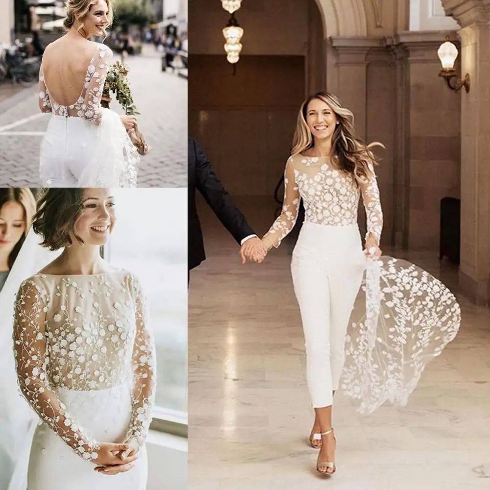 Combinaison de mariage florale en dentelle de campagne avec train, col bijou, manches longues, dos nu, bohème, robe de mariée de plage, robe éducative, 2020