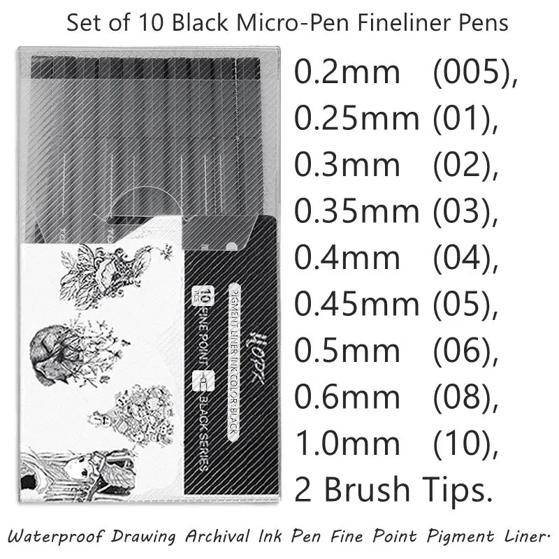 10 Teile/satz Pigment Liner Mikron Tinte Marker Stift 0,05 0,1 0,2 0,3 0,4 0,5 Pinsel Spitze Schwarz Fineliner Skizzieren Manga zeichnung Stift