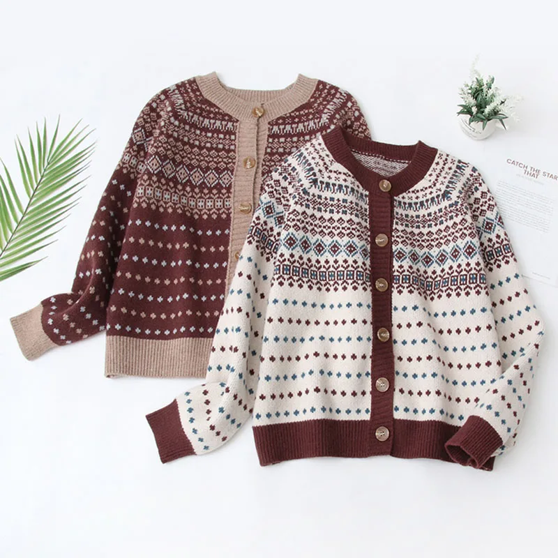 

Autumn Winter Women Vintage Knitted Cardigans Elegant Retro Jacquard Loose Sweater Long Sleeve Casual OuterWear