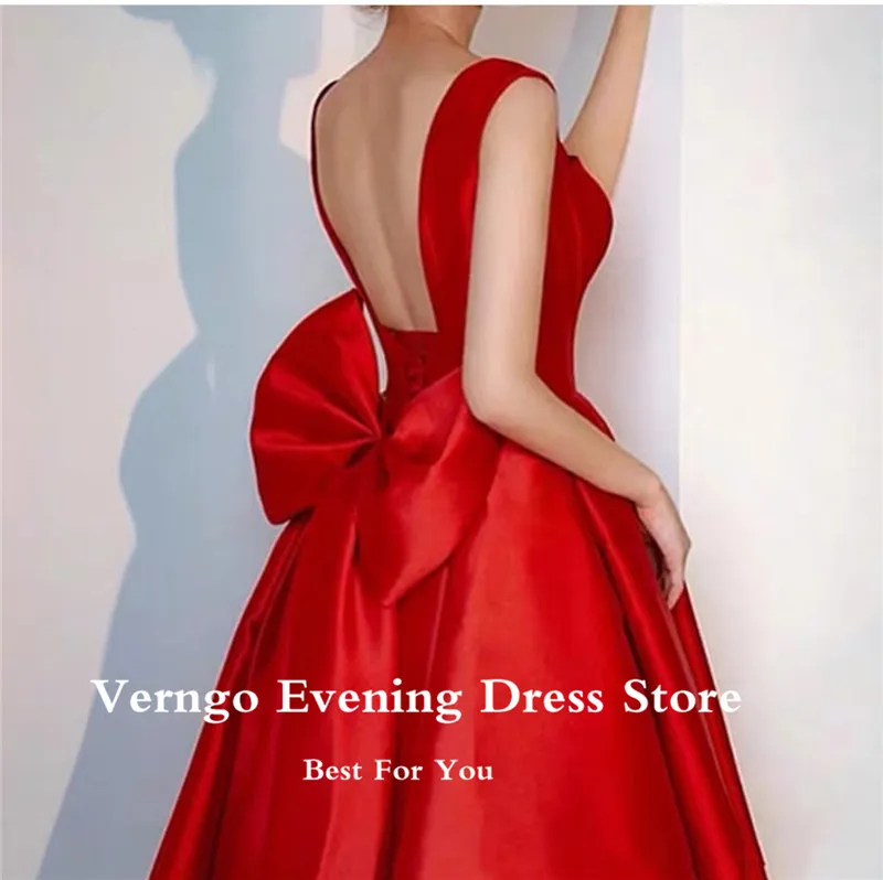 Verngo Red Graduation Dresses A Line Satin Evening Party Gowns With Big Bow Lace Up Back Tea Length Prom Dress With Pockets