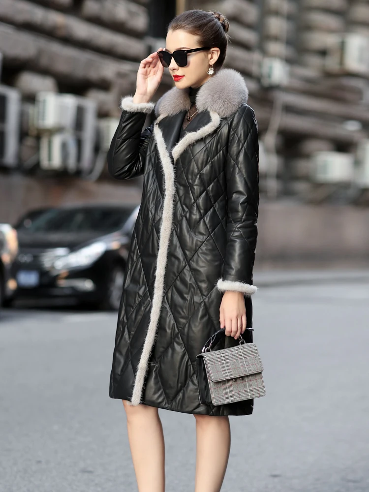 AYUNSUE 100% Genuine Sheepskin Coat Women Winter Real Fox Fur Collar Down Coat Famale Long Korean Down Parkas Monteau Femme 1231